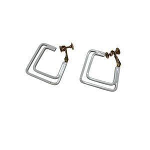 Napier White Enamel Square Hoop Earrings Screw Back Vintage Geometric Statement